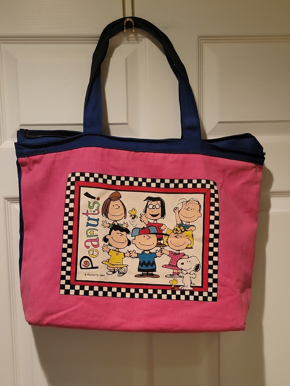 Peanuts Pink Tote with Blue Handles
